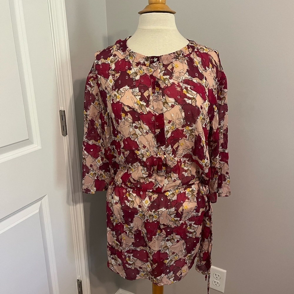 Escada Sport Burgundy People Print Sheer Cover Up/Dress Sz 34(4 US)